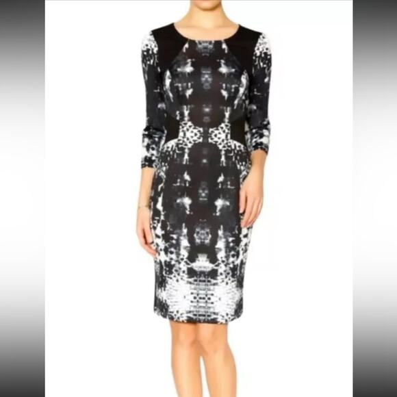 Yoana Baraschi Abstract Print Black & White Neoprene‎ 3/4 Sleeve Sheath Dress 8 - Picture 1 of 14